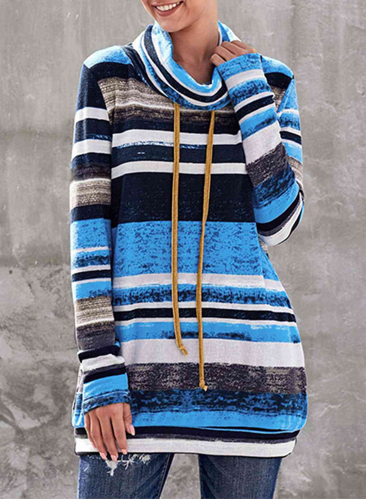 Striped Cowl Neck Tunic Sweatshirt |1mrk.com