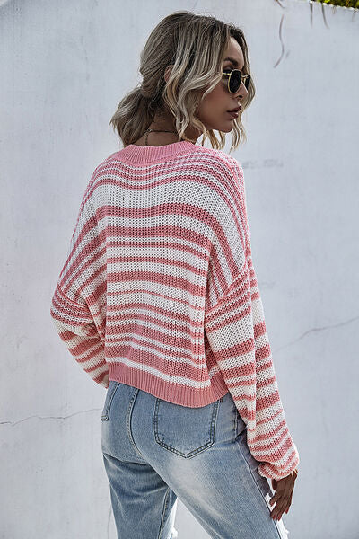 Striped Round Neck Dropped Shoulder Sweater | Trendsi