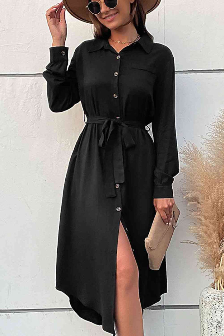 Curved Hem Belted Long Sleeve Shirt Dress |1mrk.com