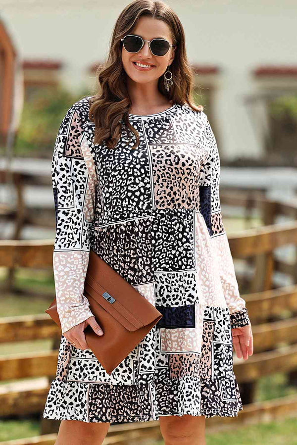 Plus Size Round Neck Leopard Print Long Sleeve Mini Dress |1mrk.com
