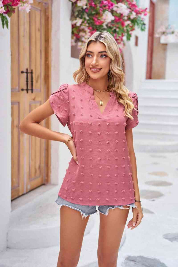 Swiss Dot Petal Sleeve Notched Top | 1mrk.com