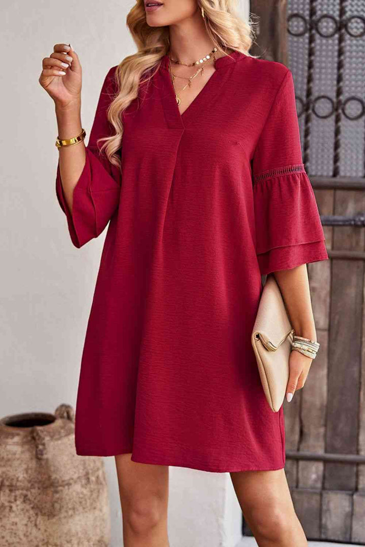 Notched Neck Flare Sleeve Pocket Dress |1mrk.com