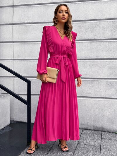 Pleated Surplice Tie Waist Maxi Dress |1mrk.com