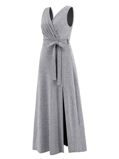 Slit Surplice Tie Waist Sleeveless Dress |1mrk.com