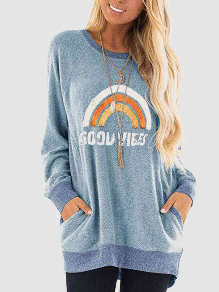 Rainbow Graphic Round Neck Sweatshirt with Pockets |1mrk.com