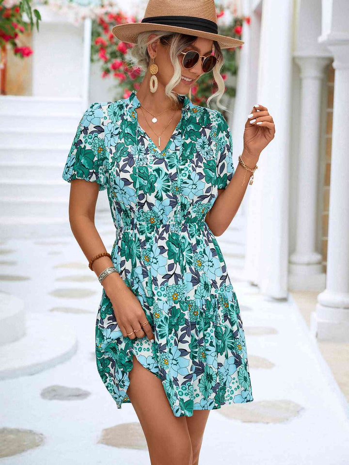 Floral Tie Neck Puff Sleeve Tiered Dress |1mrk.com