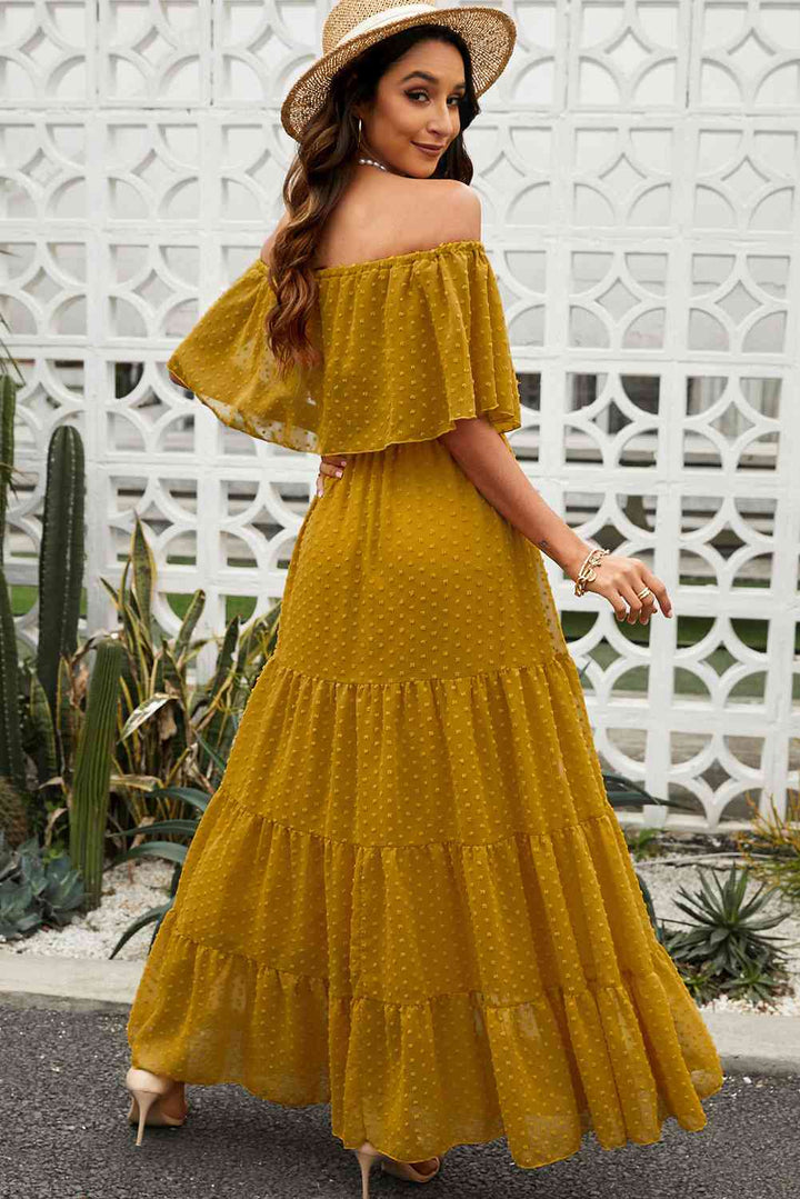 Swiss Dot Off-Shoulder Tiered Maxi Dress |1mrk.com