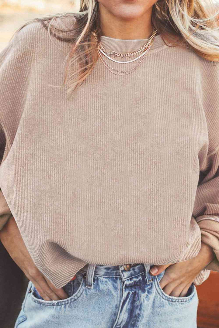 Ribbed Round Neck Drop Shoulder Sweatshirt |1mrk.com