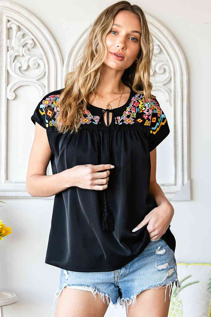 Embroidered Tie-Neck Tassel Blouse | 1mrk.com