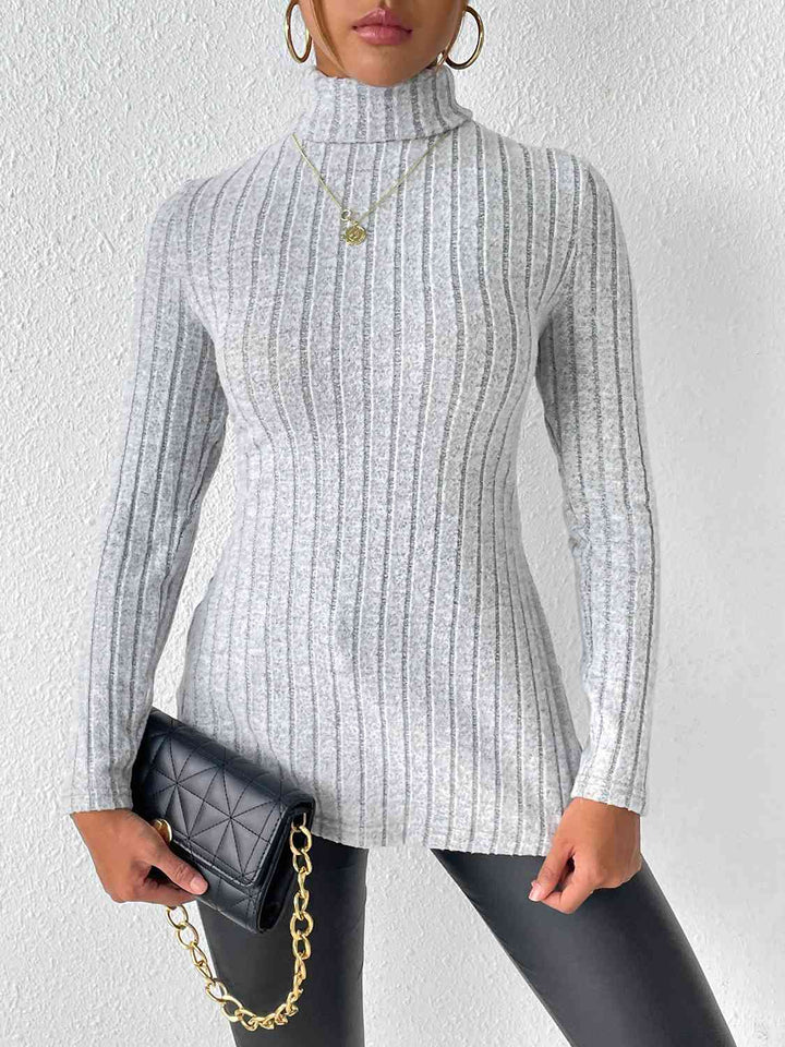 Ribbed Turtleneck Long Sleeve Slit T-Shirt | 1mrk.com