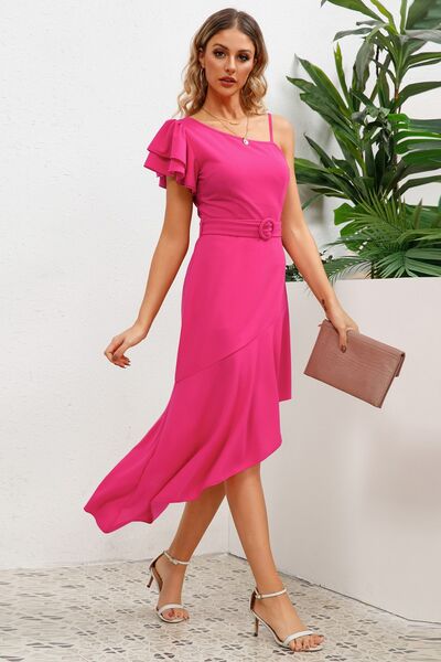 Ruffled Asymmetrical Neck Flutter Sleeve Dress |1mrk.com