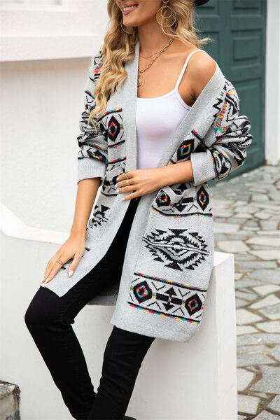 Pocketed Geometric Open Front Dropped Shoulder Cardigan |1mrk.com