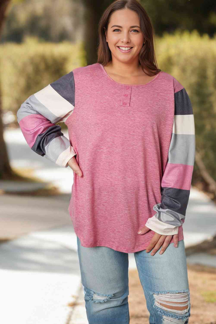 Plus Size Round Neck Color Block Long Sleeve T-Shirt | 1mrk.com