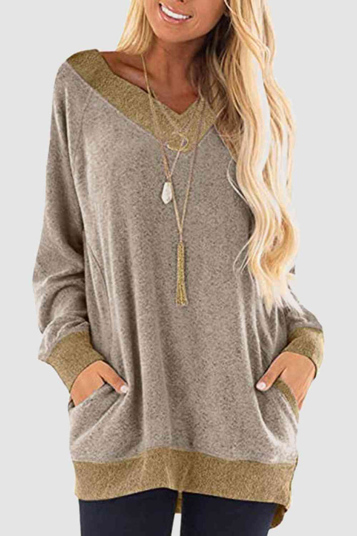 V-Neck Long Sleeve Sweatshirt with Pockets |1mrk.com