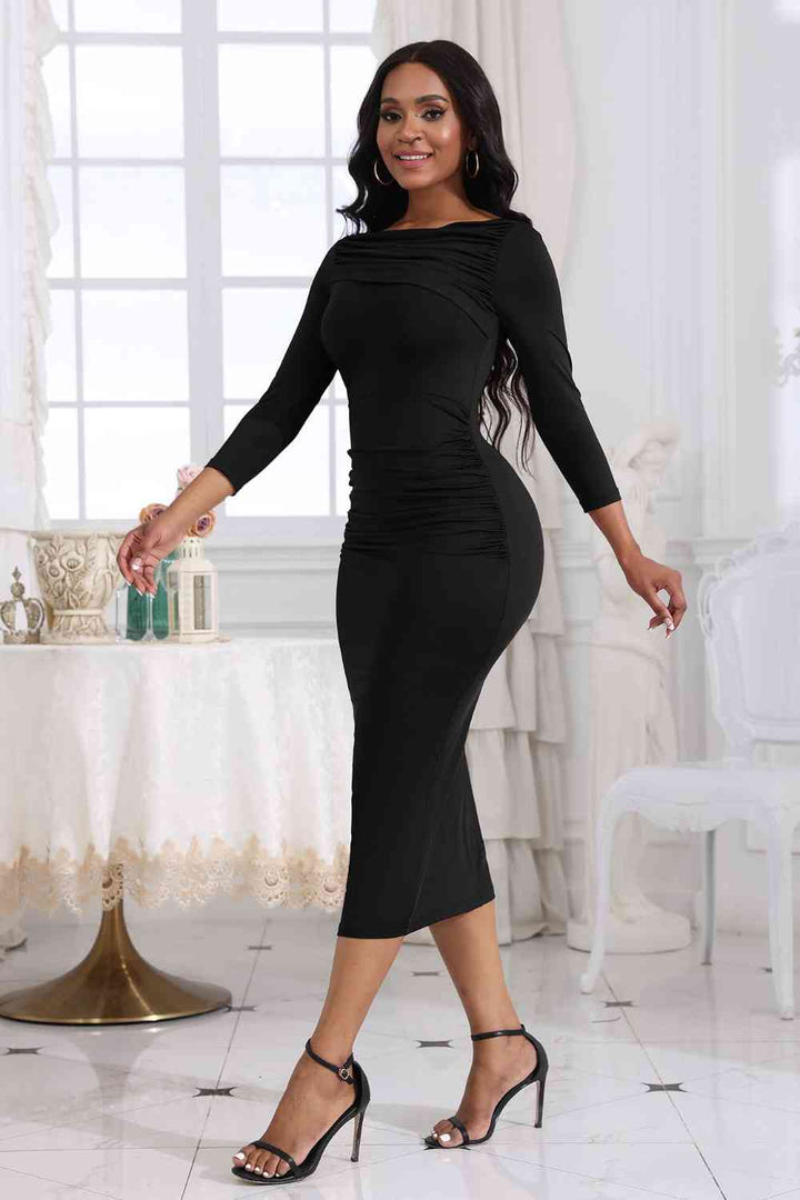 Ruched Boat Neck Midi Dress |1mrk.com