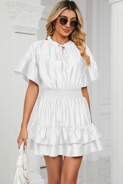 Smocked Tie Neck Flounce Sleeve Dress |1mrk.com