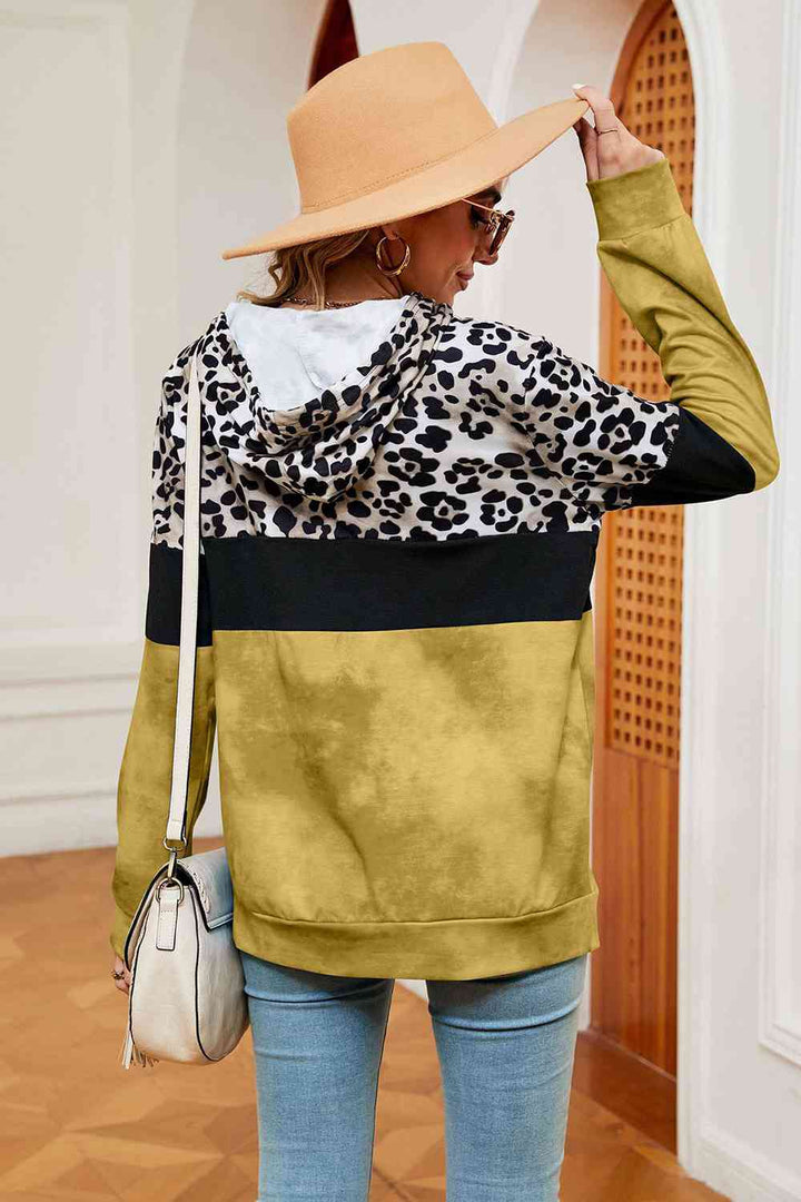 Leopard Drawstring Hoodie with Pocket |1mrk.com