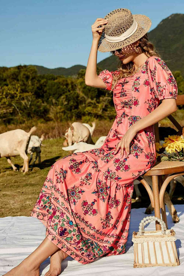 Floral Ruched Puff Sleeve Tiered Maxi Dress | 1mrk.com