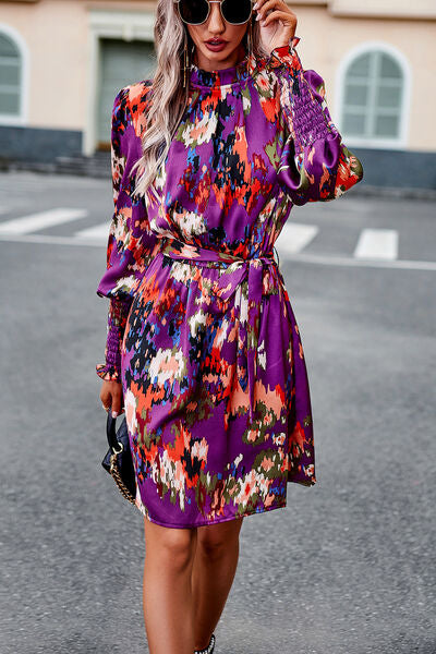 Printed Tie Waist Mock Neck Lantern Sleeve Dress |1mrk.com