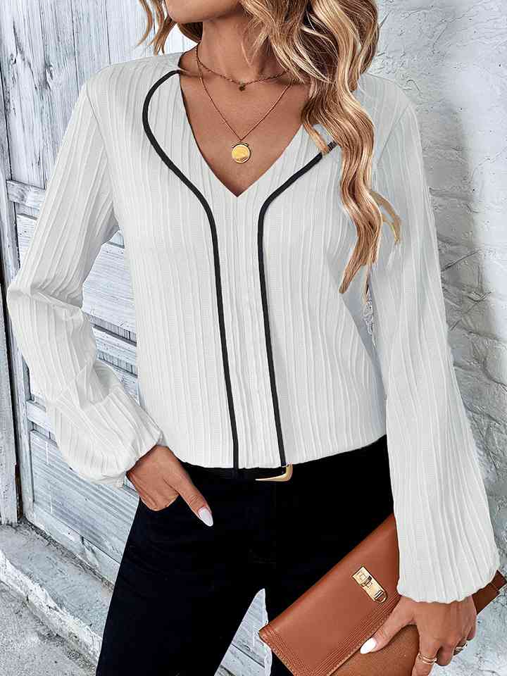 Contrast V-Neck Long Sleeve Blouse | 1mrk.com