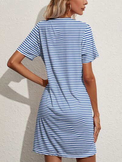 Pocketed Striped Round Neck Short Sleeve Dress | Trendsi