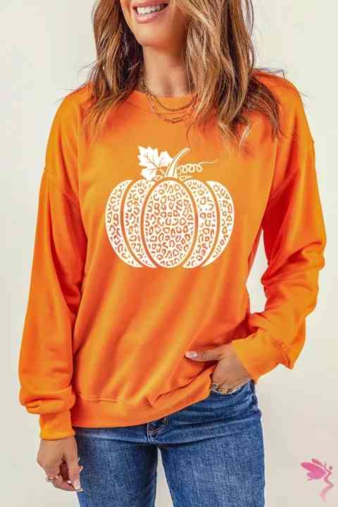 Round Neck Dropped Shoulder Pumpkin Graphic Sweatshirt |1mrk.com