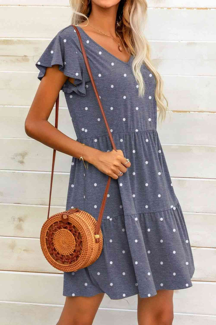 Polka Dot V-Neck Flutter Sleeve Mini Dress |1mrk.com