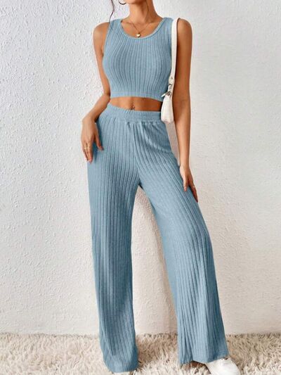 Ribbed Round Neck Tank and Pants Sweater Set |1mrk.com