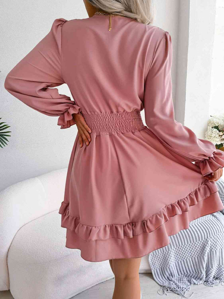 Tie Front Smocked Waist Flounce Sleeve Dress |1mrk.com