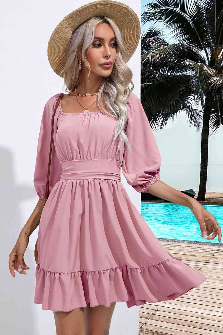 Square Neck Tie Back Ruffle Hem Dress |1mrk.com