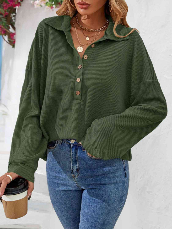 Half Button Collared Neck Long Sleeve Top | 1mrk.com