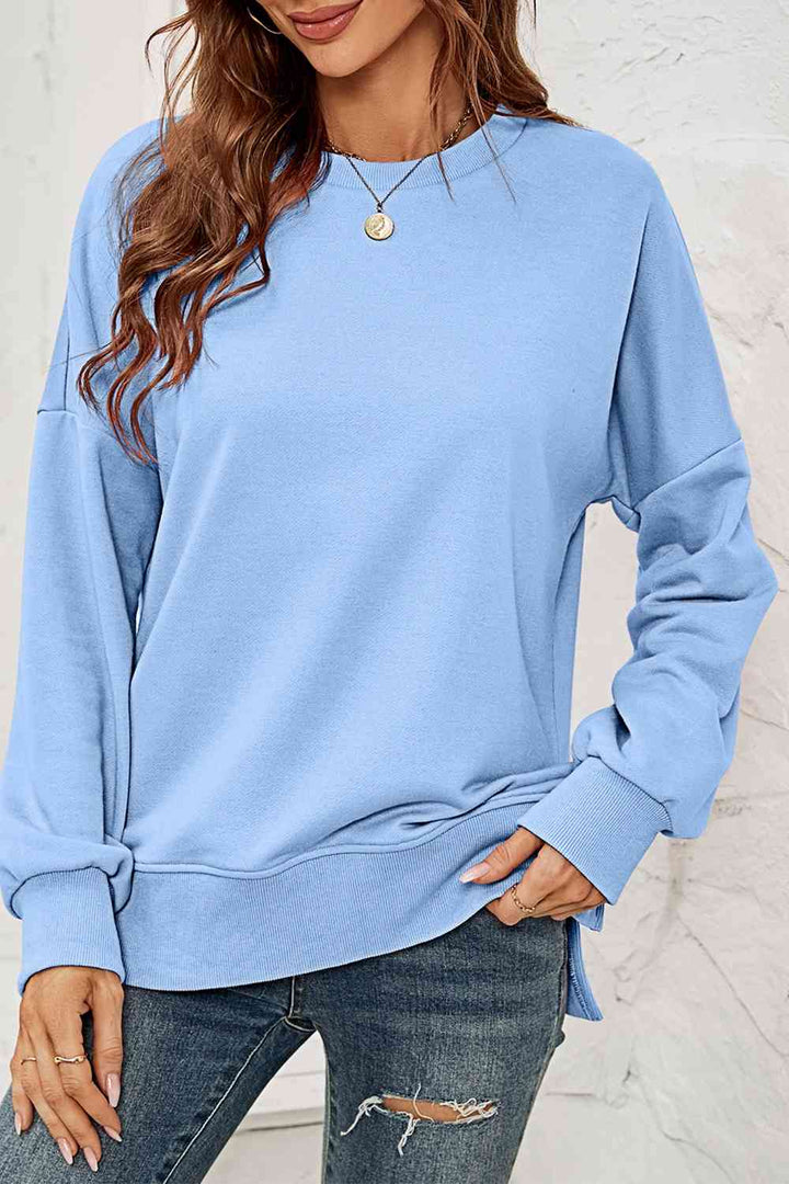 Round Neck  Dropped Shoulder Slit Sweatshirt |1mrk.com