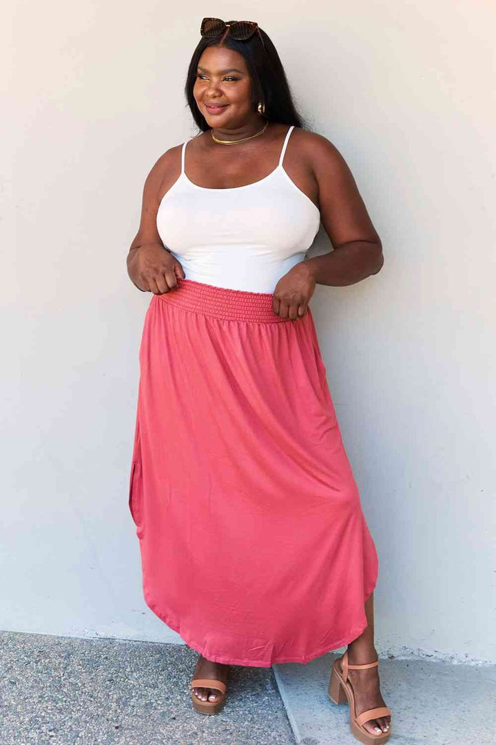 Doublju Comfort Princess Full Size High Waist Scoop Hem Maxi Skirt in Hot Pink | 1mrk.com