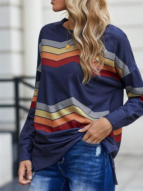 Striped Dropped Shoulder Slit Sweatshirt |1mrk.com