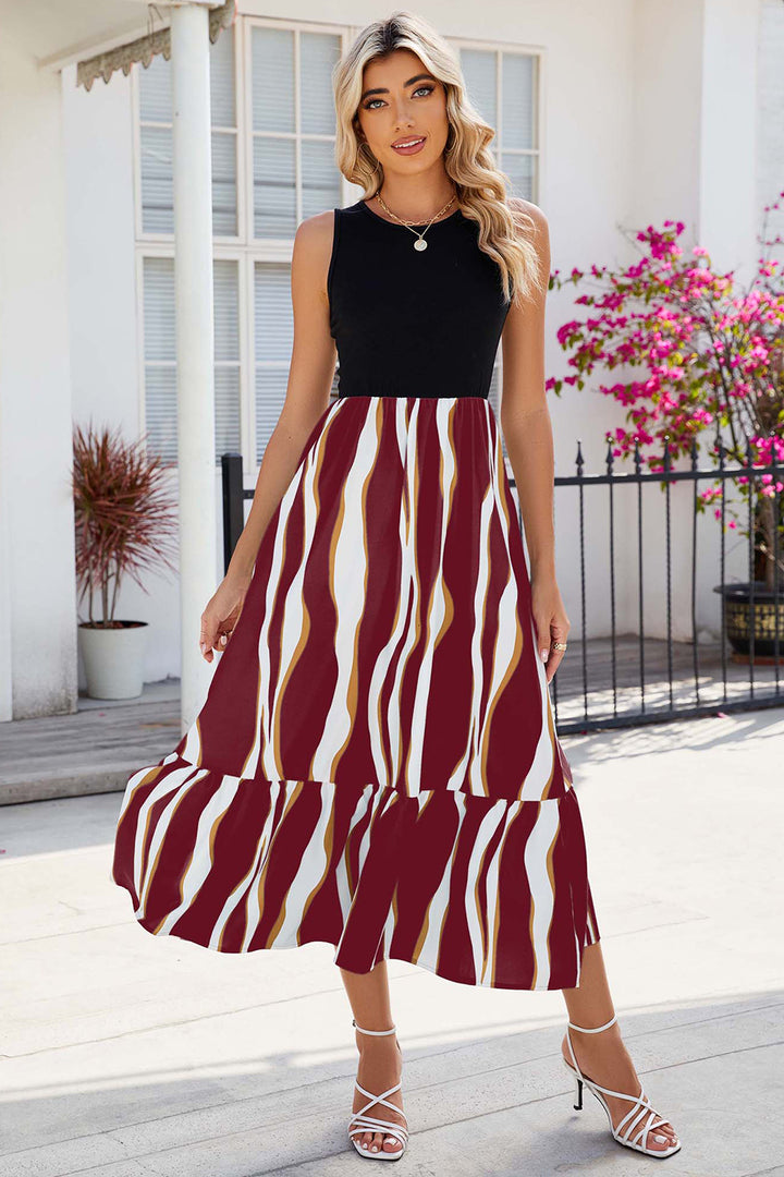 Striped Round Neck Sleeveless Midi Dress | Trendsi