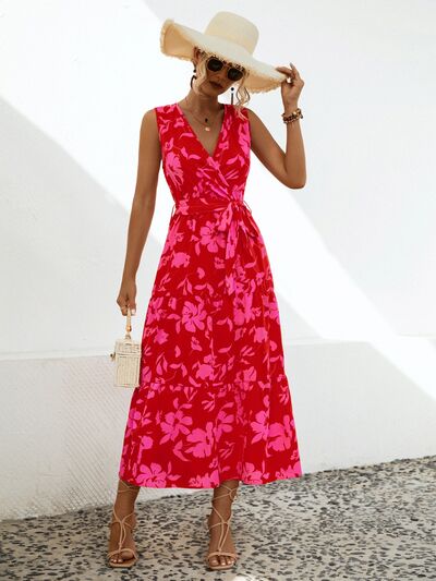 Tied Printed Surplice Tiered Dress |1mrk.com