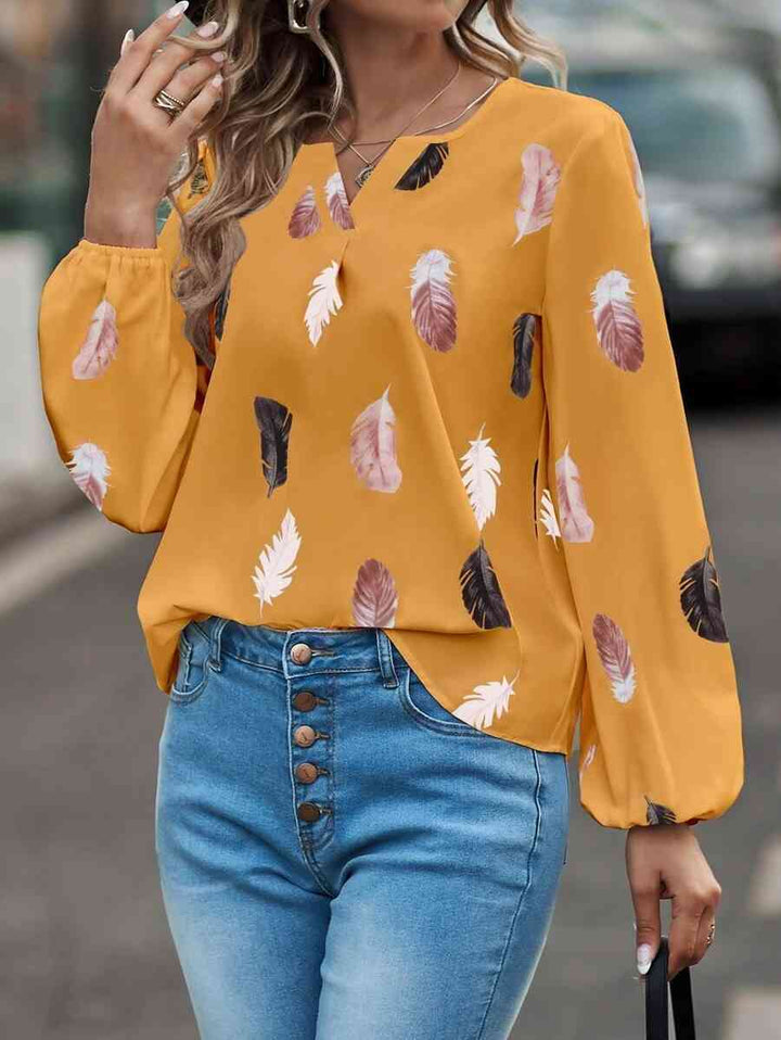 Printed Notched Neck Long Sleeve Blouse | 1mrk.com