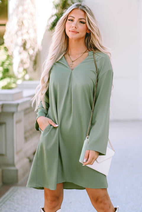 Notched Long Sleeve Dress with Pockets | 1mrk.com