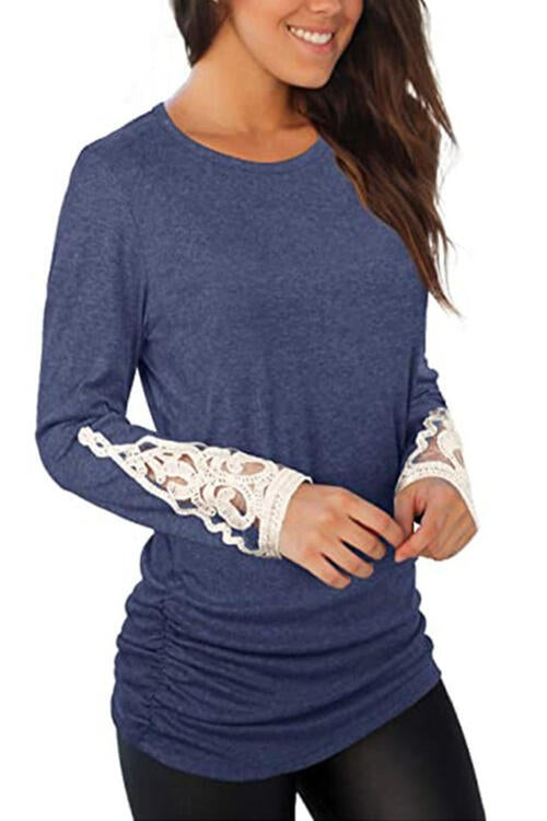 Lace Detail Long Sleeve Round Neck T-Shirt | 1mrk.com