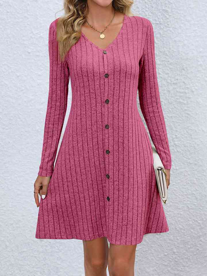 V-Neck Long Sleeve Mini Dress |1mrk.com