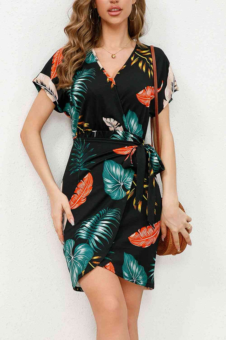 Printed Surplice Neck Short Sleeve Side Tie Mini Dress |1mrk.com