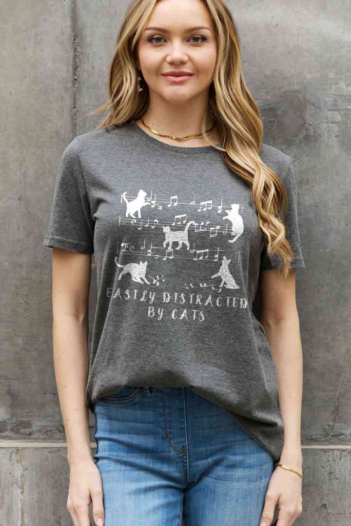 Simply Love Full Size EASILY DISTRACTED BY CATS Graphic Cotton Tee | 1mrk.com