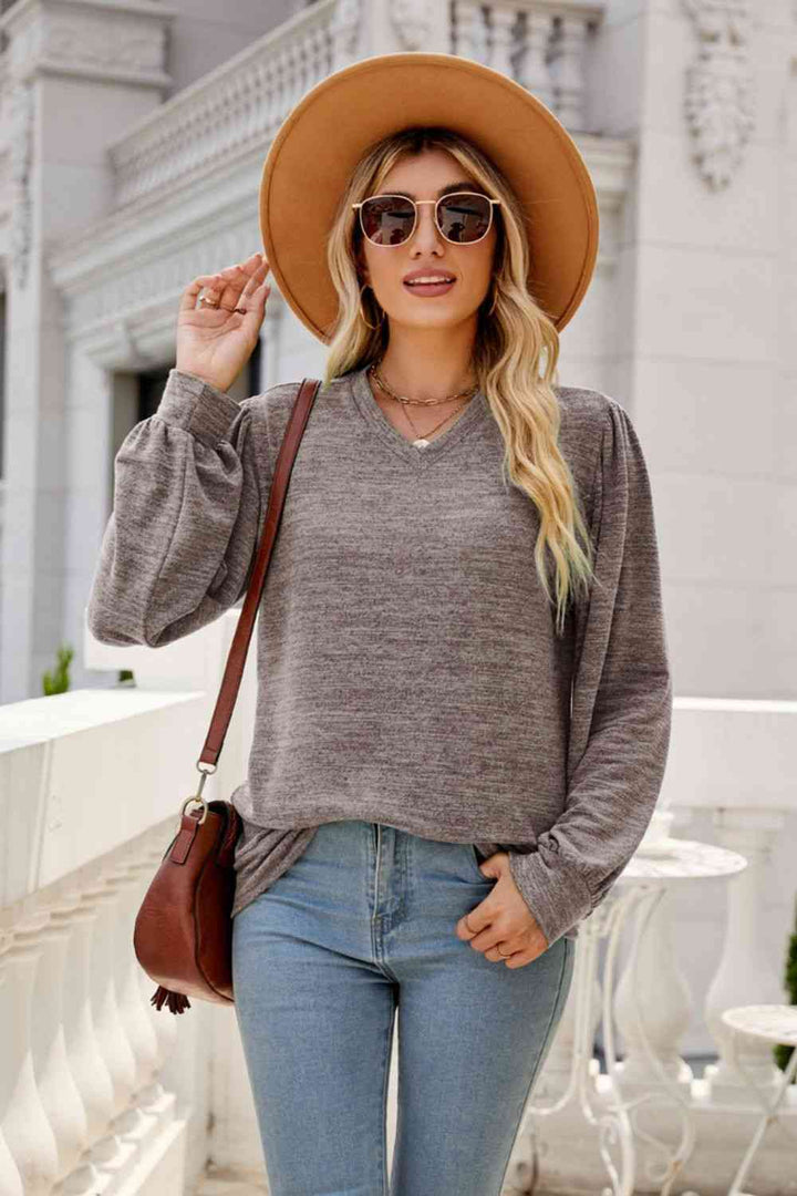 Long Puff Sleeve V-Neck Top | 1mrk.com