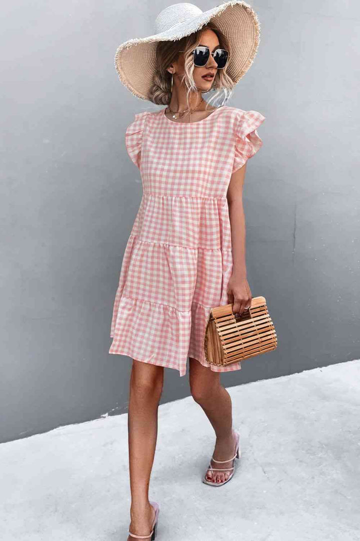 Gingham Ruffle Shoulder Tiered Dress |1mrk.com