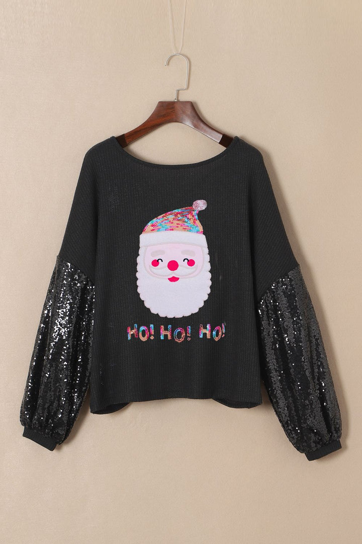 Waffle-Knit Santa Graphic Sequin Long Sleeve Blouse | Trendsi