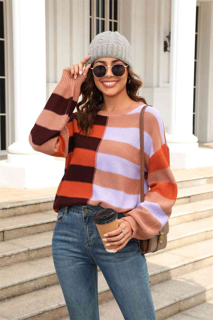 Round Neck Long Sleeve Color Block Dropped Shoulder Pullover Sweater |1mrk.com