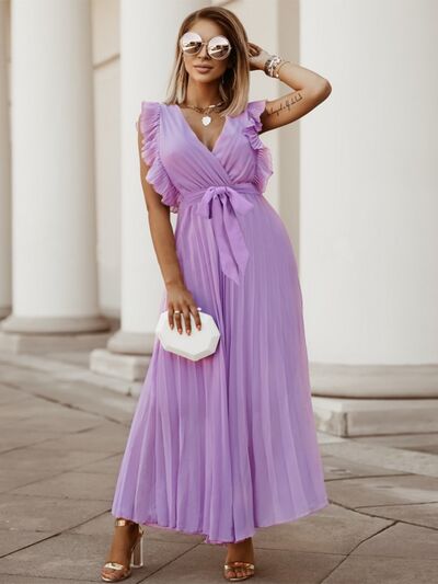 Tied Surplice Cap Sleeve Pleated Dress |1mrk.com