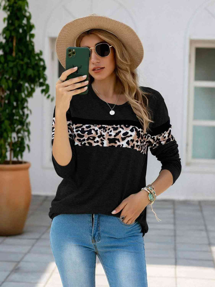 Leopard Round Neck Long Sleeve T-Shirt | 1mrk.com