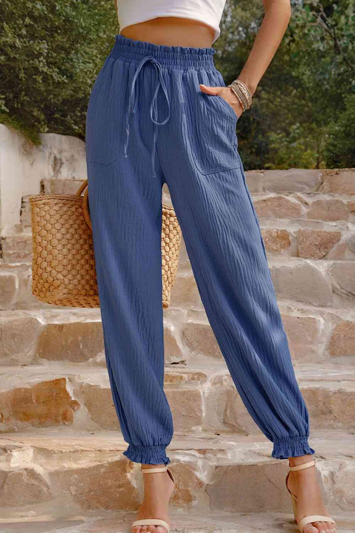 Textured Smocked Waist Pants with Pockets | 1mrk.com