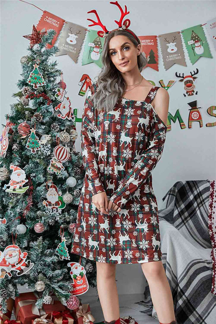 Christmas Asymmetrical Neck Long Sleeve Dress | 1mrk.com